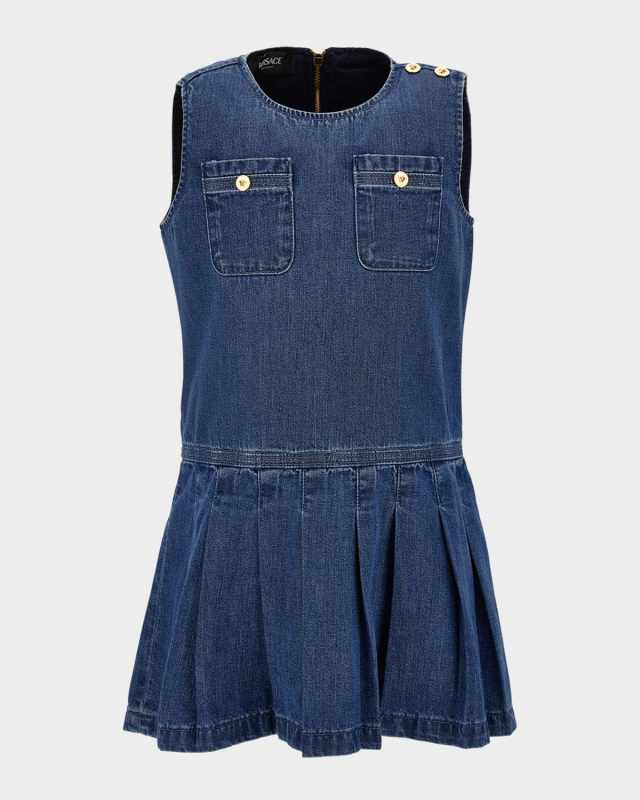 Girl's Light Wash Pleated Denim Dress, Size 6-14